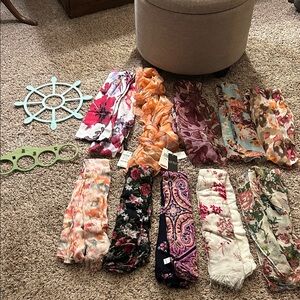 Bundle of 10 Scarves—all long rectangular approx 70” x 18” and 2 scarf hangers